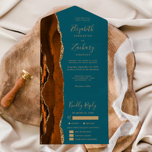 Rust Gold Agate Teal Blue Meal Options Wedding All In One Invitation