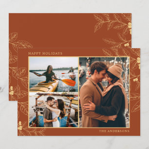 Rust Gold Botanical Three Photo Christmas Holidays