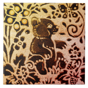 Rust Gold Brown Bear Floral Autumn Leaves Batik Tile