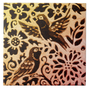 Rust Gold Brown Bird Floral Autumn Leaves Batik Tile