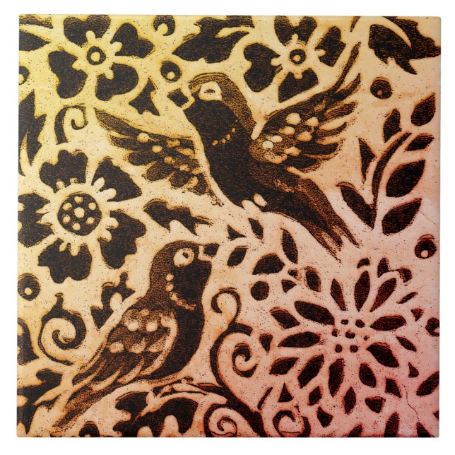 Rust Gold Brown Bird Floral Autumn Leaves Batik Tile (Front)