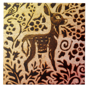 Rust Gold Brown Deer Fawn Floral Autumn Leaf Batik Tile