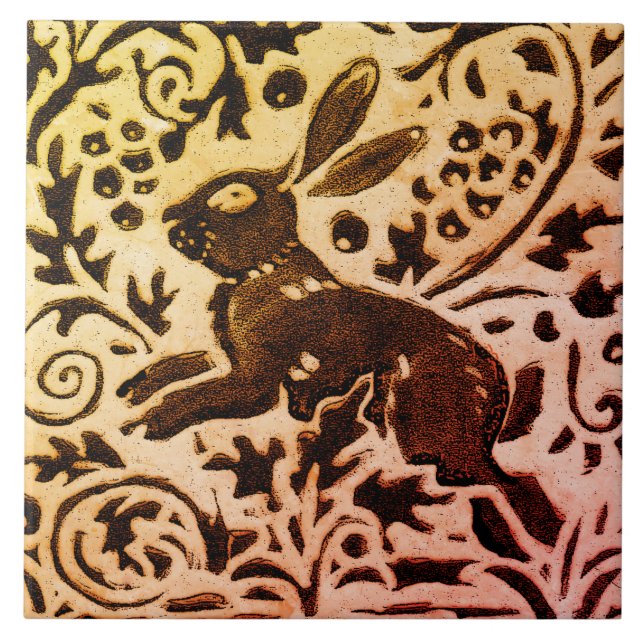 Rust Gold Brown Rabbit Floral Autumn Leaves Batik Tile (Front)