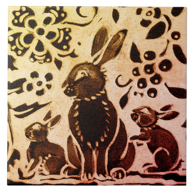 Rust Gold Brown Rabbit Floral Autumn Leaves Batik Tile (Front)