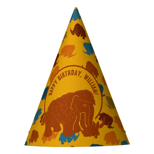 Rust & Gold Cartoon Woolly Mammoth Personalised Party Hat (Front)