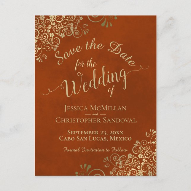 Rust & Gold Chic Calligraphy Wedding Save the Date Announcement Postcard (Front)
