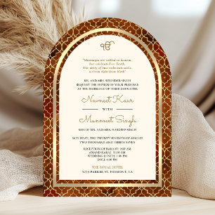 Rust Gold Moroccan QR Code Sikh Arch Wedding Invitation