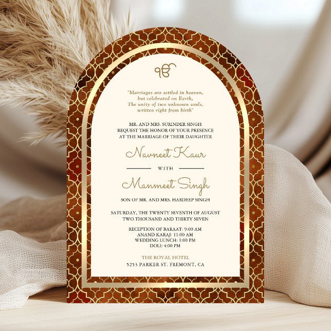 Rust Gold Moroccan QR Code Sikh Arch Wedding Invitation (Creator Uploaded)
