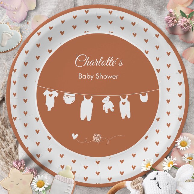 Rust Hearts Boho Gender Neutral Baby Shower  Paper Plate (Rust Hearts Boho Gender Neutral Baby Shower Paper Plates ©Susanne Sachers - Sunny Mind 🌞)