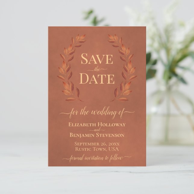 Rust Laurel Leaves Elegant Terracotta Wedding Save The Date (Standing Front)