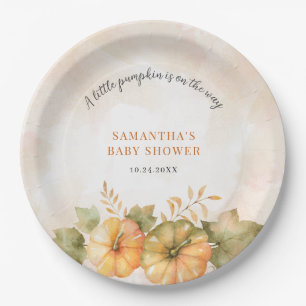 Rust Leaves Pumpkin Fall Girls Baby Shower Paper Plate