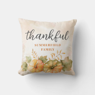 Rust Leaves Pumpkin Thankful Family Name Custom Cushion