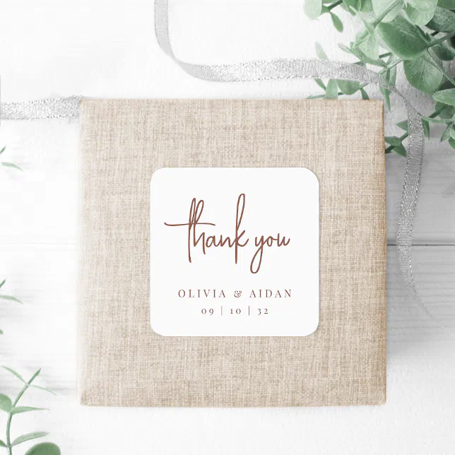 Rust | Modern Handwritten Script Wedding Thank You Square Sticker | Zazzle