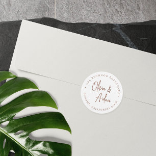 Rust Modern Handwritten Wedding Return Address Classic Round Sticker