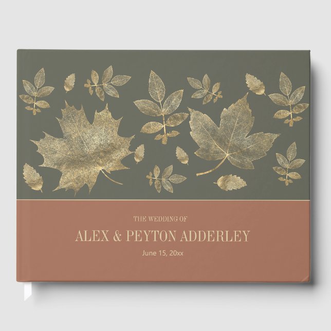 Rust Moss Green Gold Autumn Leaves Wedding Guest Book (Front)