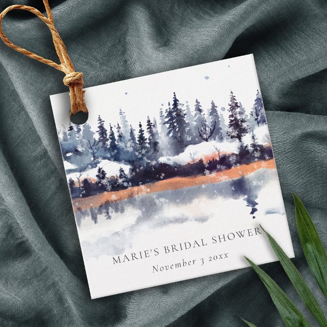 Rust Navy Winter Pine Forest Snow Bridal Shower Favour Tags (Creator Uploaded)