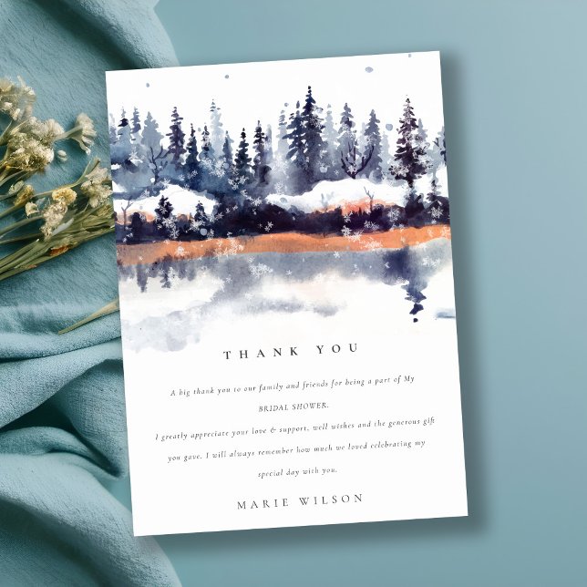 Rust Navy Winter Pine Forest Snow Bridal Shower Thank You Card (Creator Uploaded)