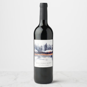 Rust Navy Winter Pine Forest Snow Bridal Shower Wine Label