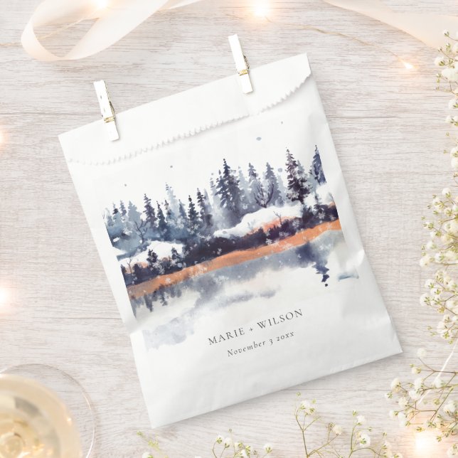 Rust Navy Winter Pine Forest Snow Wedding Favour Bags (Clipped)