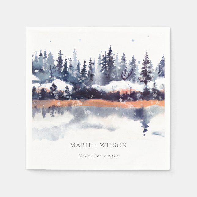 Rust Navy Winter Pine Forest Snow Wedding Napkin (Front)