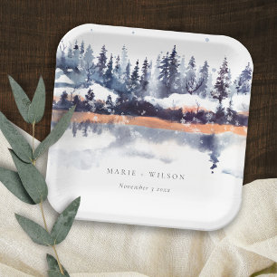 Rust Navy Winter Pine Forest Snow Wedding Paper Plate