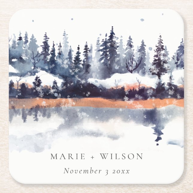 Rust Navy Winter Pine Forest Snow Wedding Square Paper Coaster (Front)