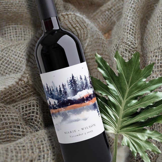Rust Navy Winter Pine Forest Snow Wedding Wine Label (Creator Uploaded)