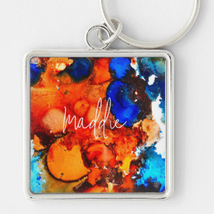 Rust orange abstract art ink key ring