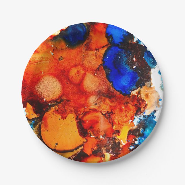 Rust orange abstract art ink paper plate (Front)