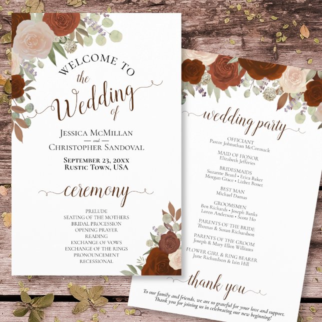 Rust Orange Autumn Floral Budget Wedding Program (Front and Back)