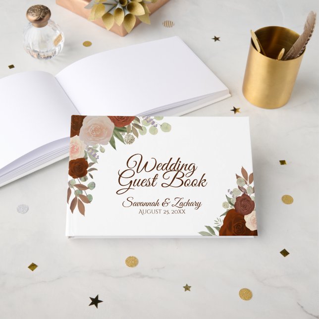 Rust Orange Autumn Floral Elegant Boho Wedding Guest Book (Front Open)