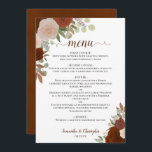 Rust Orange Autumn Floral Elegant Boho Wedding Menu<br><div class="desc">This beautiful wedding menu features a rustic boho chic floral design with script calligraphy lettering and hand painted watercolor roses in shades of coral, peach, rust orange, and burnt umber. The text is completely customisable with space for the couple's name & wedding date. Elegant, stylish, and chic, this card is...</div>