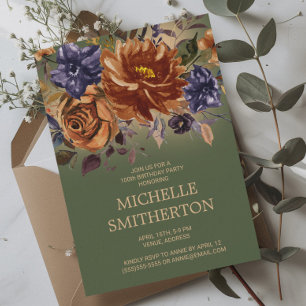 Rust Orange Blue Floral Green 100th Birthday Invitation