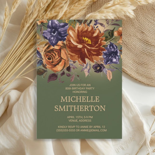 Rust Orange Blue Floral Green 90th Birthday Invita Invitation (Rust floral on olive green 80th birthday party invitation)