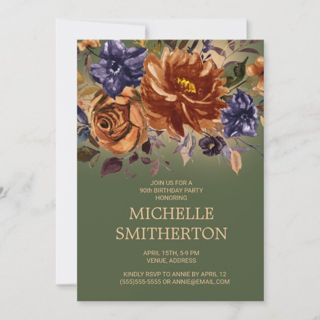 Rust Orange Blue Floral Green 90th Birthday Invitation (Front)