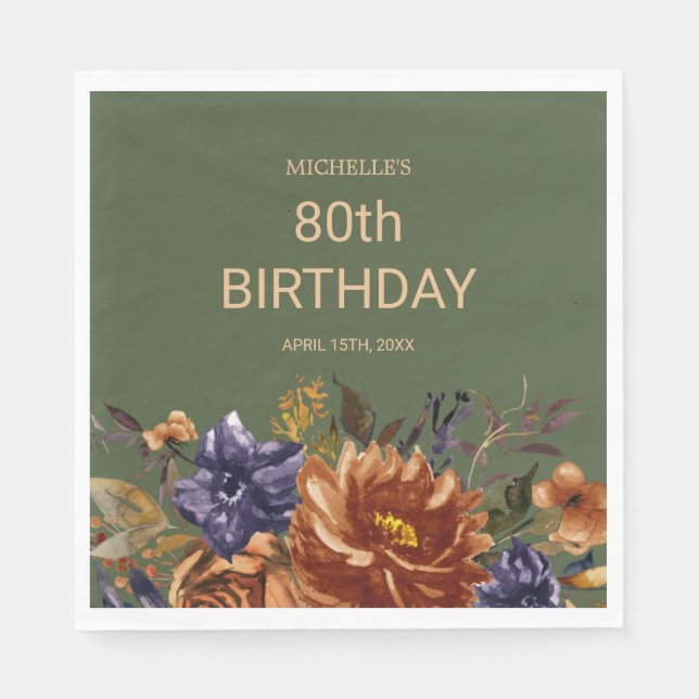 Rust Orange Blue Floral Green Birthday Napkin (Front)