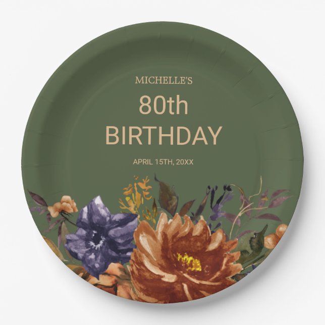 Rust Orange Blue Floral Green Birthday Paper Plate (Front)