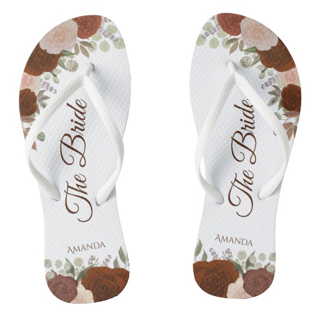 Rust Orange Boho Autumn Roses The Bride Wedding Flip Flops (Footbed)