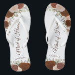 Rust Orange Boho Chic Floral Maid of Honour Weddin Flip Flops<br><div class="desc">These beautiful wedding flip flops are a great way to thank and recognise your Maid of Honour while saving her feet at the same time. Features an elegant boho chic design with hand painted watercolor roses in shades of rust orange and coral peach, along with burnt umber coloured script lettering....</div>