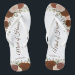 Rust Orange Boho Chic Floral Maid of Honour Weddin Flip Flops<br><div class="desc">These beautiful wedding flip flops are a great way to thank and recognise your Maid of Honour while saving her feet at the same time. Features an elegant boho chic design with hand painted watercolor roses in shades of rust orange and coral peach, along with burnt umber coloured script lettering....</div>