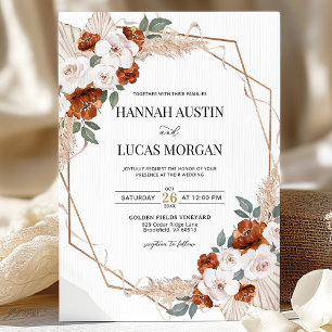 Rust Orange Boho Floral Gold Geometric Wedding Invitation