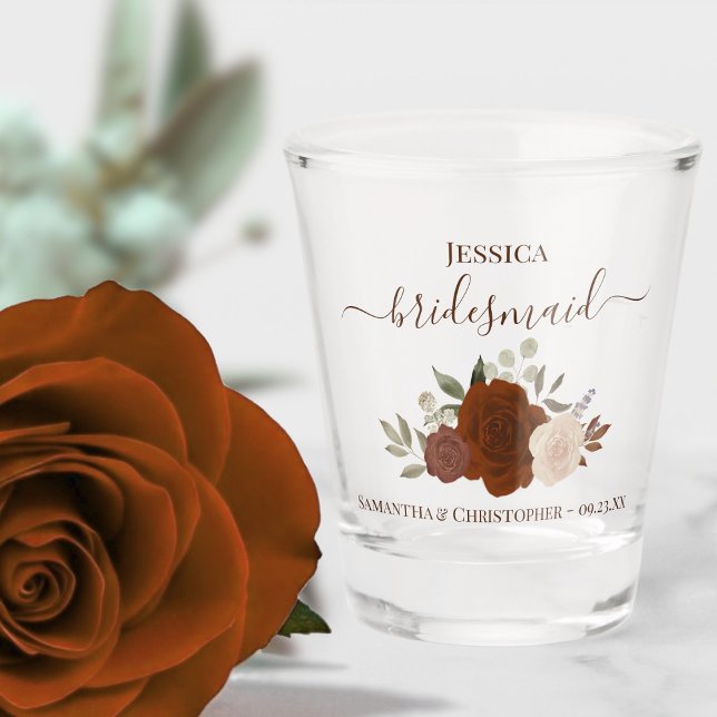 Rust Orange Boho Roses Elegant Bridesmaid Wedding Shot Glass (Creator Uploaded)