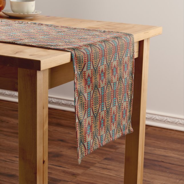 Rust Orange Brown Turquoise Teal Blue Tribal Art Short Table Runner (In Situ)