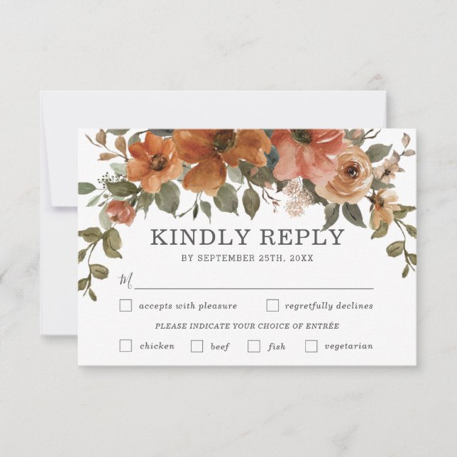 Rust Orange Copper Floral Fall Wedding Meal Choice RSVP Card (Front)