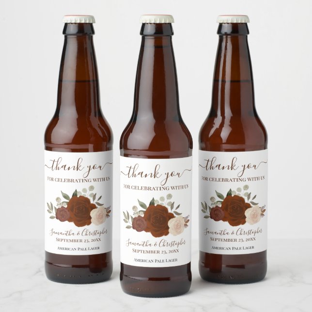 Rust Orange Elegant Boho Roses Wedding Thank You Beer Bottle Label (Bottles)
