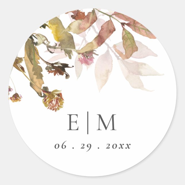 Rust Orange Fall Tree Leaves Monogram Wedding Classic Round Sticker (Front)