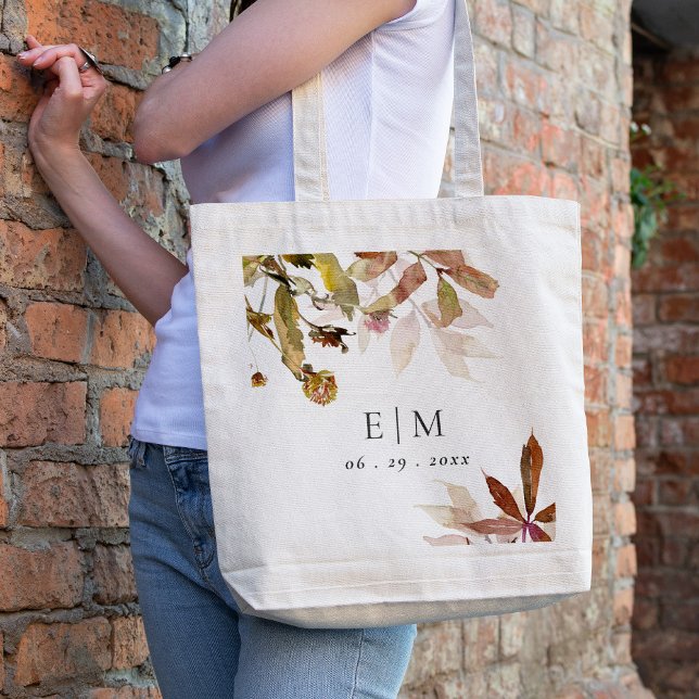Rust Orange Fall Tree Leaves Monogram Wedding  Tote Bag (Creator Uploaded)