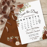 Rust Orange Floral Elegant Boho Wedding Calendar Save The Date<br><div class="desc">This wedding Save the Date card features a rustic boho chic floral design with script lettering and hand painted watercolor roses in shades of rust orange, burnt umber, and peach. There is a customisable calendar where you can put a heart around your wedding date with space for the couple's name...</div>