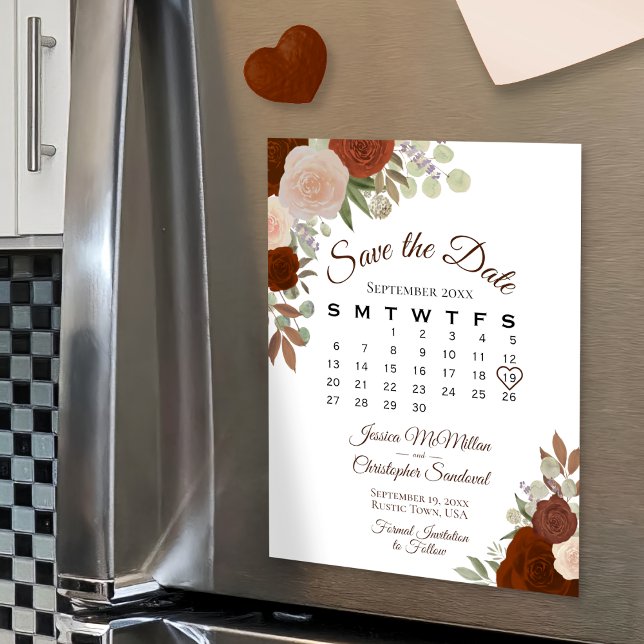 Rust Orange Floral Save the Date Calendar Magnet (Creator Uploaded)