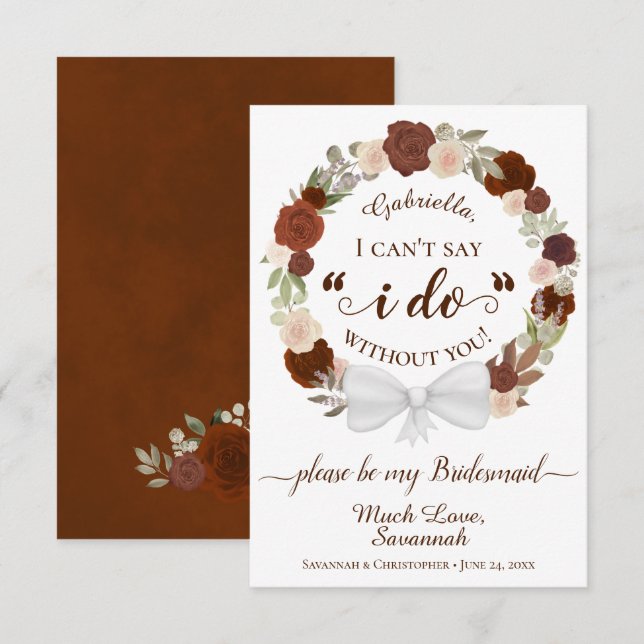 Rust Orange Floral Wreath Be My Bridesmaid Card (Front/Back)